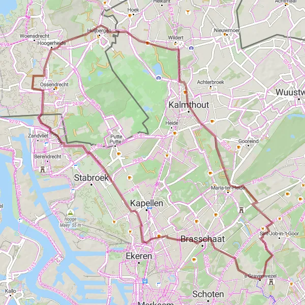 Map miniature of "Gravel adventure through Brasschaat and Kalmthout" cycling inspiration in Prov. Antwerpen, Belgium. Generated by Tarmacs.app cycling route planner