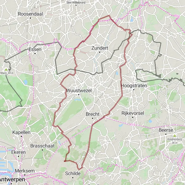 Map miniature of "Gravel journey through Sint-Job-in-'t-Goor and Sint-Lenaarts" cycling inspiration in Prov. Antwerpen, Belgium. Generated by Tarmacs.app cycling route planner