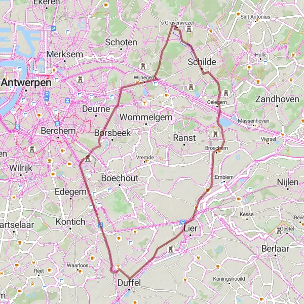 Map miniature of "Gravel Adventure near 's-Gravenwezel 2" cycling inspiration in Prov. Antwerpen, Belgium. Generated by Tarmacs.app cycling route planner