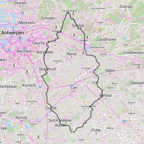 Miniatuurkaart van de fietsinspiratie "Via 's-Gravenwezel naar Wijnegem" in Prov. Antwerpen, Belgium. Gemaakt door de Tarmacs.app fietsrouteplanner