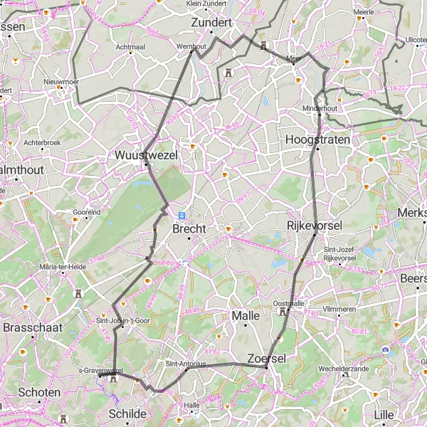 Map miniature of "Road Route with Highlights" cycling inspiration in Prov. Antwerpen, Belgium. Generated by Tarmacs.app cycling route planner