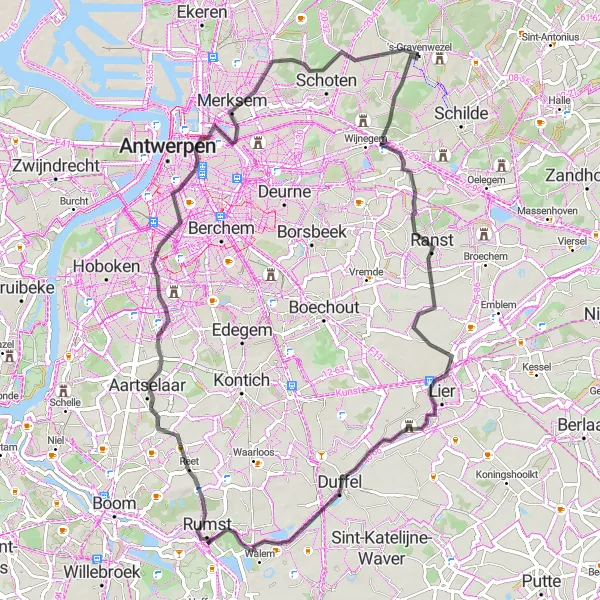 Map miniature of "Scenic road loop through Ranst and Wilrijk" cycling inspiration in Prov. Antwerpen, Belgium. Generated by Tarmacs.app cycling route planner