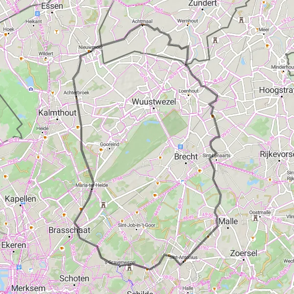 Map miniature of "Road Cycling Adventure near 's-Gravenwezel 2" cycling inspiration in Prov. Antwerpen, Belgium. Generated by Tarmacs.app cycling route planner