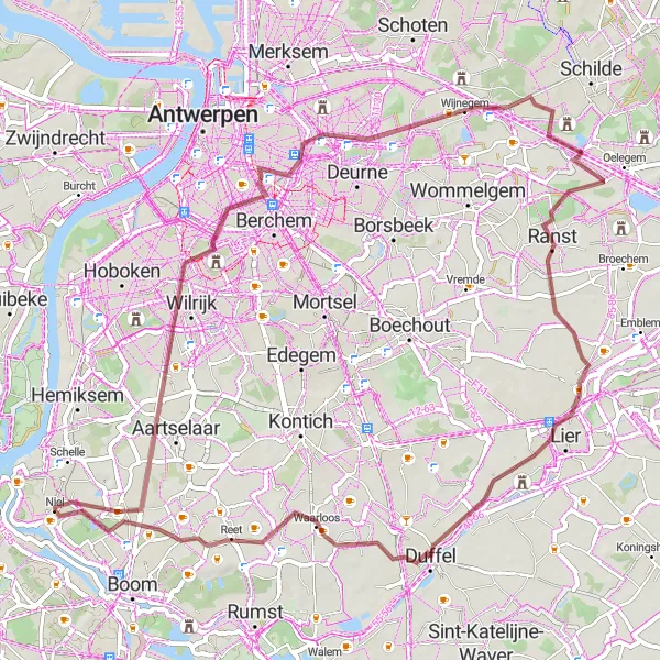 Karten-Miniaturansicht der Radinspiration "Fahrt zu historischen Stätten von Antwerpen" in Prov. Antwerpen, Belgium. Erstellt vom Tarmacs.app-Routenplaner für Radtouren