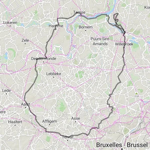 Miniatuurkaart van de fietsinspiratie "Tocht door Schelle, Nerom, Relegem, Puurs-Sint-Amands en Hellegat" in Prov. Antwerpen, Belgium. Gemaakt door de Tarmacs.app fietsrouteplanner