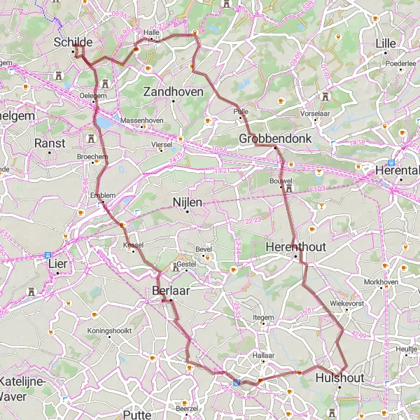 Miniatuurkaart van de fietsinspiratie "Gravelroute naar Oelegem" in Prov. Antwerpen, Belgium. Gemaakt door de Tarmacs.app fietsrouteplanner