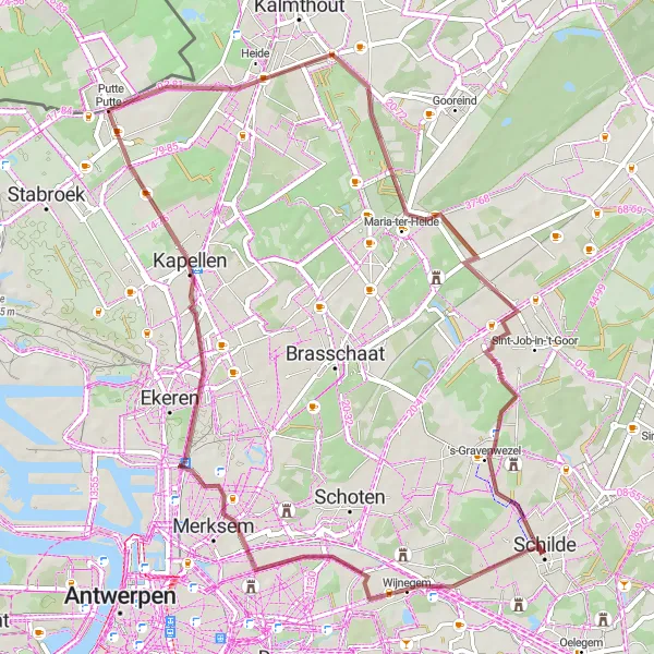 Karten-Miniaturansicht der Radinspiration "Gravelroute von Schilde nach 's-Gravenwezel" in Prov. Antwerpen, Belgium. Erstellt vom Tarmacs.app-Routenplaner für Radtouren