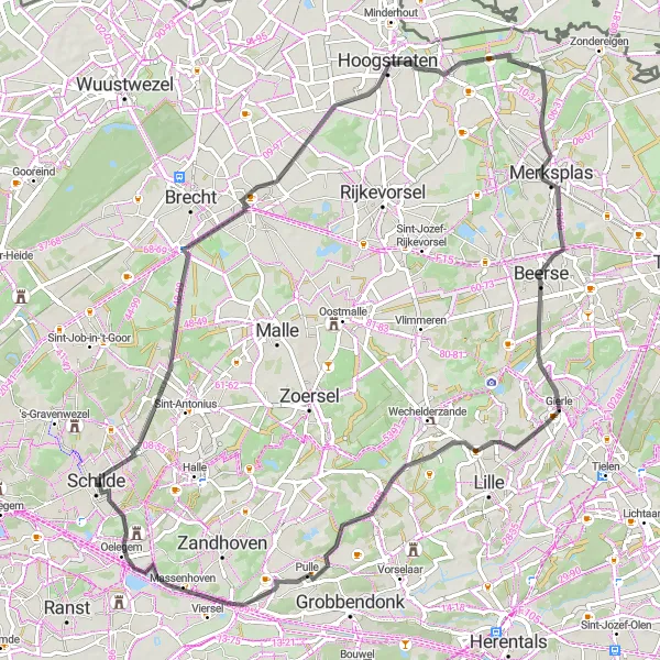 Karten-Miniaturansicht der Radinspiration "Entdeckungstour von Schilde nach Oelegem" in Prov. Antwerpen, Belgium. Erstellt vom Tarmacs.app-Routenplaner für Radtouren