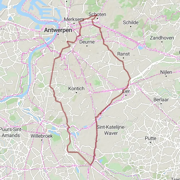 Miniatuurkaart van de fietsinspiratie "Gravelroute door Antwerpen en omgeving" in Prov. Antwerpen, Belgium. Gemaakt door de Tarmacs.app fietsrouteplanner