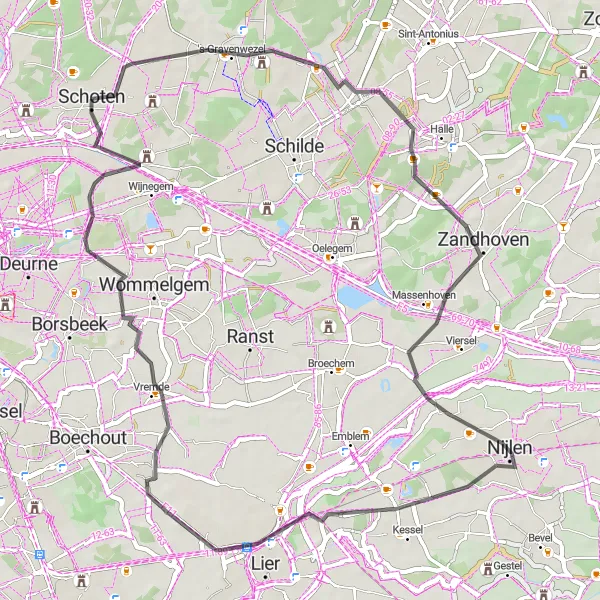 Miniatuurkaart van de fietsinspiratie "Road cycling route door Zandhoven en Nijlen" in Prov. Antwerpen, Belgium. Gemaakt door de Tarmacs.app fietsrouteplanner