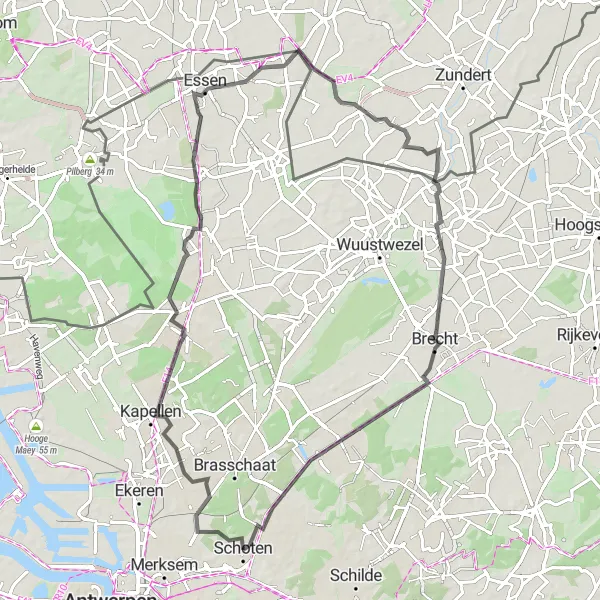 Karten-Miniaturansicht der Radinspiration "Rennradtour um Schoten" in Prov. Antwerpen, Belgium. Erstellt vom Tarmacs.app-Routenplaner für Radtouren