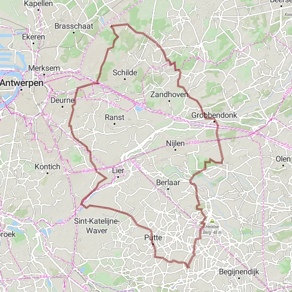 Map miniature of "Hidden Gems and Charming Landscapes" cycling inspiration in Prov. Antwerpen, Belgium. Generated by Tarmacs.app cycling route planner