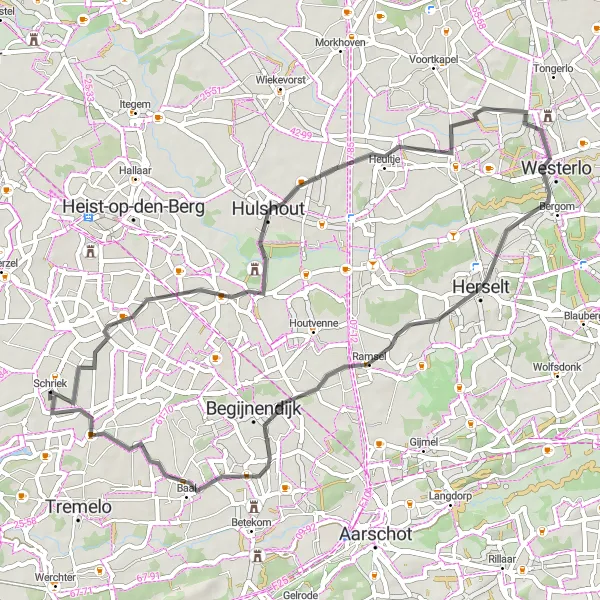 Miniatuurkaart van de fietsinspiratie "Kasteelroute Booischot" in Prov. Antwerpen, Belgium. Gemaakt door de Tarmacs.app fietsrouteplanner
