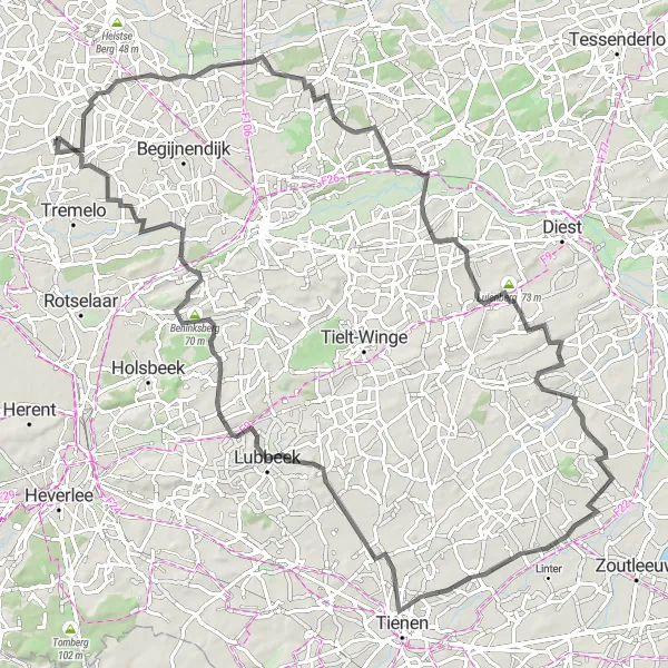 Miniature de la carte de l'inspiration cycliste "Traversée Épique des Collines de Hasselt et Lubbeek" dans la Prov. Antwerpen, Belgium. Générée par le planificateur d'itinéraire cycliste Tarmacs.app