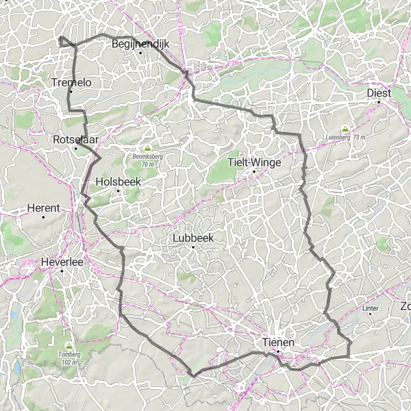 Map miniature of "The Hilly Retreat" cycling inspiration in Prov. Antwerpen, Belgium. Generated by Tarmacs.app cycling route planner