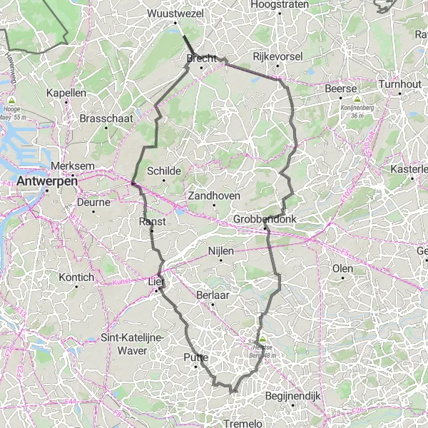 Karten-Miniaturansicht der Radinspiration "Rundfahrt von Schriek nach Grobbendonk" in Prov. Antwerpen, Belgium. Erstellt vom Tarmacs.app-Routenplaner für Radtouren