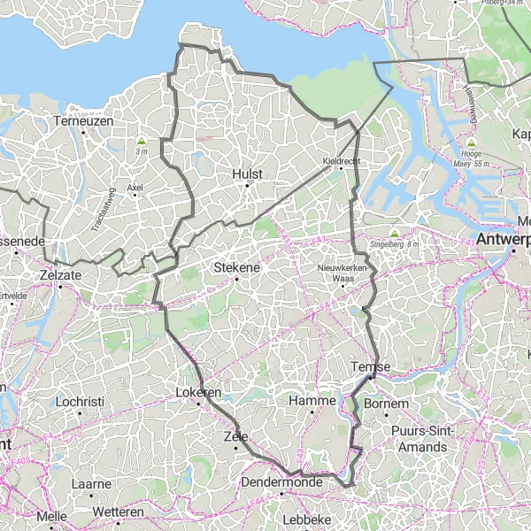 Karten-Miniaturansicht der Radinspiration "Rundkurs von Sint-Amands über Zele und Temse" in Prov. Antwerpen, Belgium. Erstellt vom Tarmacs.app-Routenplaner für Radtouren