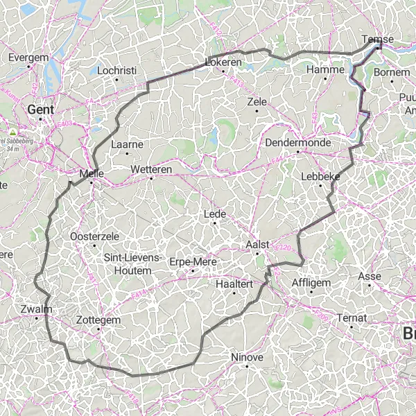 Miniature de la carte de l'inspiration cycliste "Défi des côtes de Michelbeke et Melle" dans la Prov. Antwerpen, Belgium. Générée par le planificateur d'itinéraire cycliste Tarmacs.app