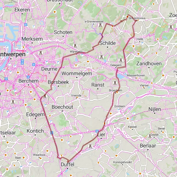 Karten-Miniaturansicht der Radinspiration "Gravel Tour ab Sint-Antonius: Versteckte Schlösser und malerische Dörfer" in Prov. Antwerpen, Belgium. Erstellt vom Tarmacs.app-Routenplaner für Radtouren