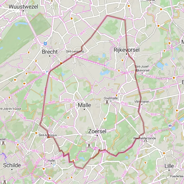 Map miniature of "Rijkevorsel and Vlimmeren Gravel Loop" cycling inspiration in Prov. Antwerpen, Belgium. Generated by Tarmacs.app cycling route planner