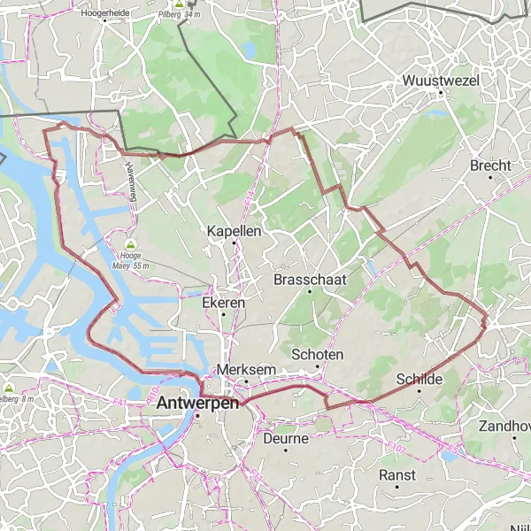 Miniatuurkaart van de fietsinspiratie "Gravelroute langs historische bezienswaardigheden" in Prov. Antwerpen, Belgium. Gemaakt door de Tarmacs.app fietsrouteplanner