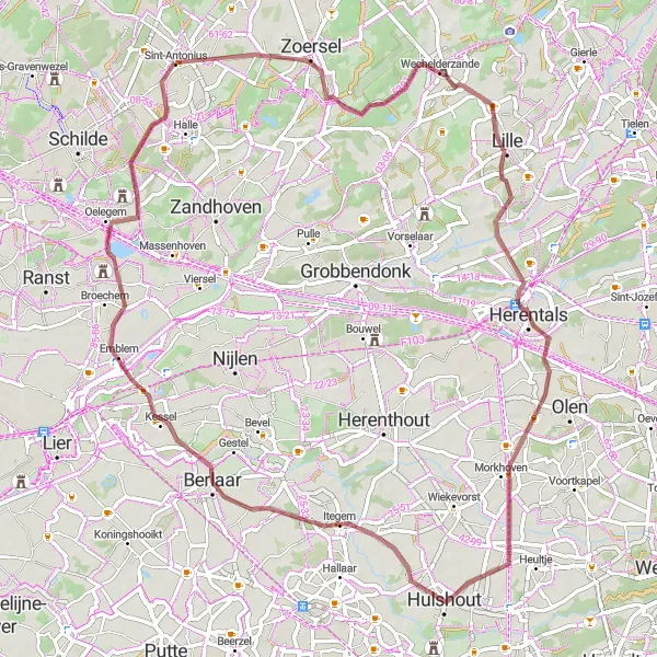 Map miniature of "Explore Itegem and Oelegem Gravel Loop" cycling inspiration in Prov. Antwerpen, Belgium. Generated by Tarmacs.app cycling route planner