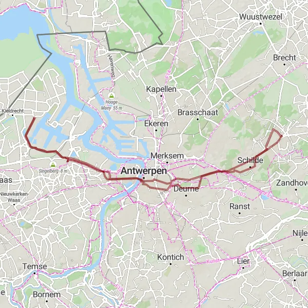 Miniatuurkaart van de fietsinspiratie "Gravelavontuur bij Kipdorpbrug en Borgerhout" in Prov. Antwerpen, Belgium. Gemaakt door de Tarmacs.app fietsrouteplanner