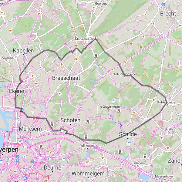 Miniatuurkaart van de fietsinspiratie "Historische Burchten en Kastelen" in Prov. Antwerpen, Belgium. Gemaakt door de Tarmacs.app fietsrouteplanner