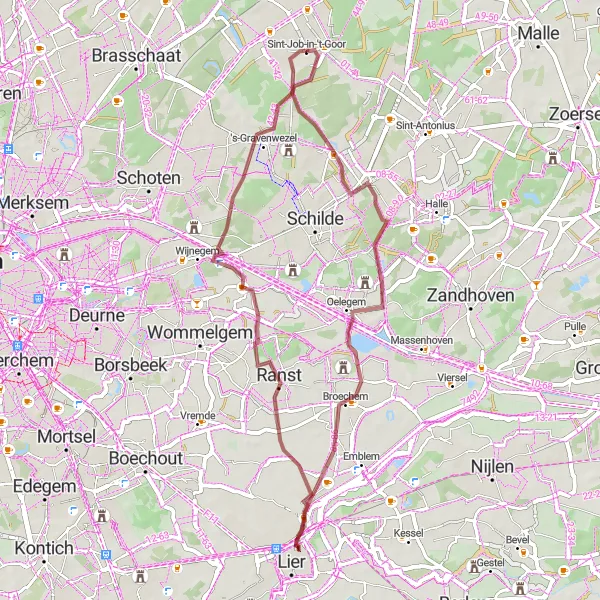 Miniature de la carte de l'inspiration cycliste "Parcours Rustique" dans la Prov. Antwerpen, Belgium. Générée par le planificateur d'itinéraire cycliste Tarmacs.app