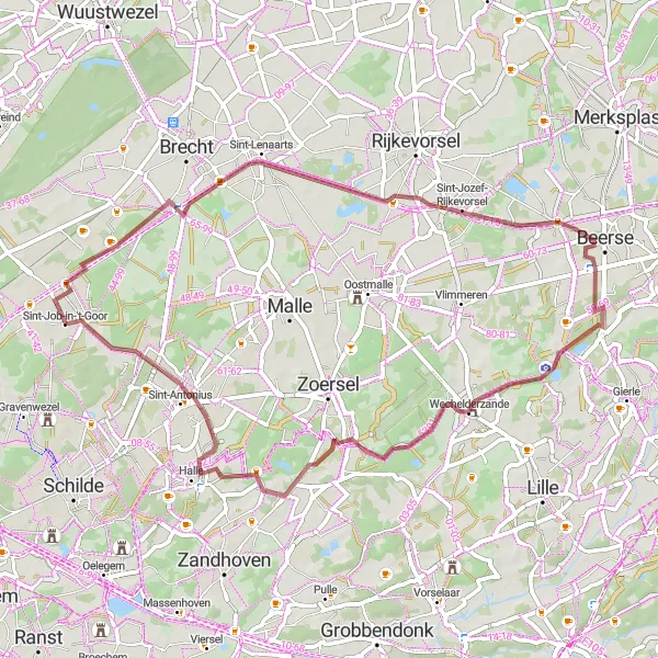 Map miniature of "Sint-Job-in-'t-Goor Gravel Adventure" cycling inspiration in Prov. Antwerpen, Belgium. Generated by Tarmacs.app cycling route planner