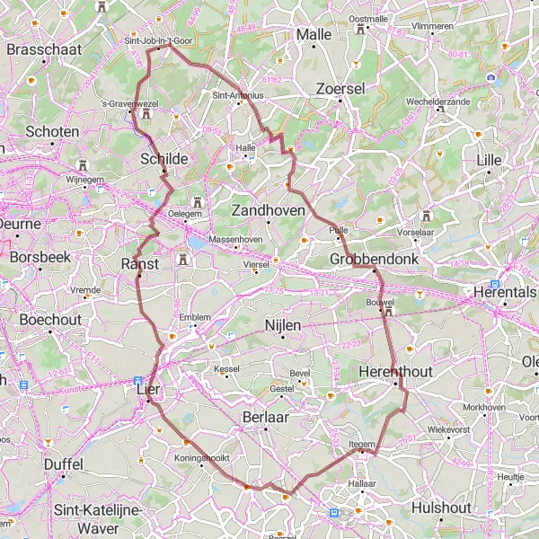 Miniature de la carte de l'inspiration cycliste "Boucle des Lacs et Châteaux" dans la Prov. Antwerpen, Belgium. Générée par le planificateur d'itinéraire cycliste Tarmacs.app