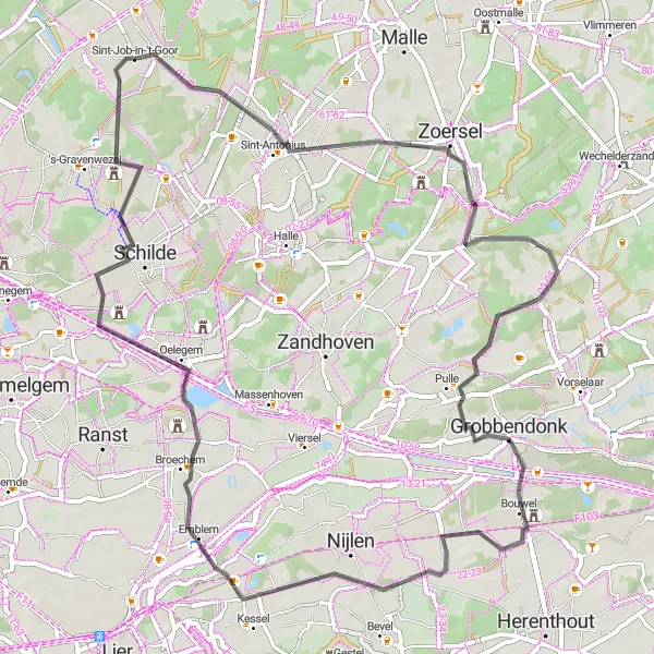 Karten-Miniaturansicht der Radinspiration "Roadtour nach Kasteel van 's Gravenwezel" in Prov. Antwerpen, Belgium. Erstellt vom Tarmacs.app-Routenplaner für Radtouren