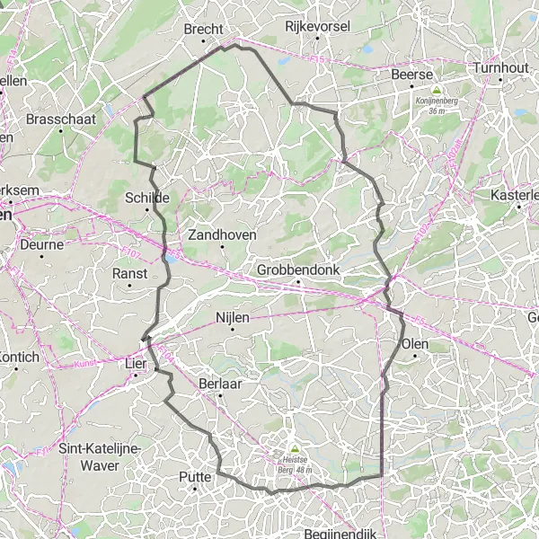 Map miniature of "Countryside Escape: A Century Ride" cycling inspiration in Prov. Antwerpen, Belgium. Generated by Tarmacs.app cycling route planner