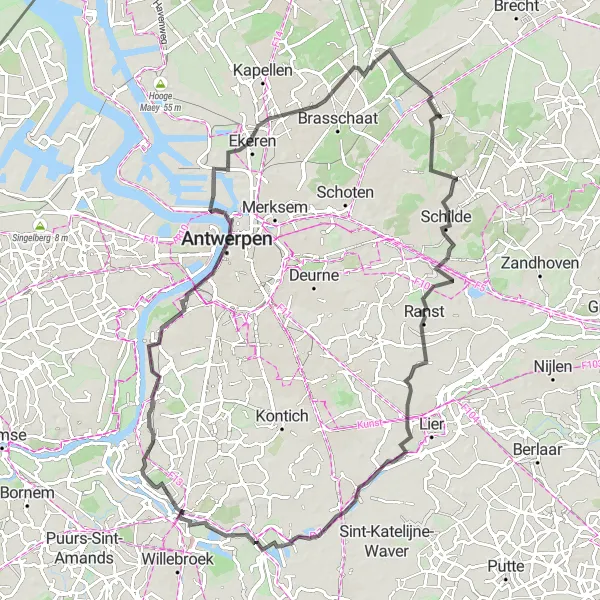 Map miniature of "Scenic Country Roads near Sint-Job-in-'t-Goor" cycling inspiration in Prov. Antwerpen, Belgium. Generated by Tarmacs.app cycling route planner