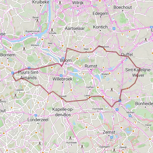 Miniatuurkaart van de fietsinspiratie "Mechelen en Duffel Gravelroute" in Prov. Antwerpen, Belgium. Gemaakt door de Tarmacs.app fietsrouteplanner
