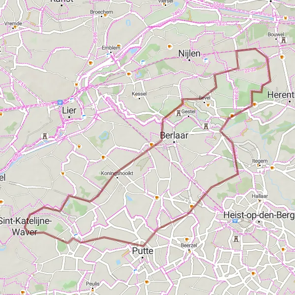 Map miniature of "Hidden Gravel Treasures" cycling inspiration in Prov. Antwerpen, Belgium. Generated by Tarmacs.app cycling route planner