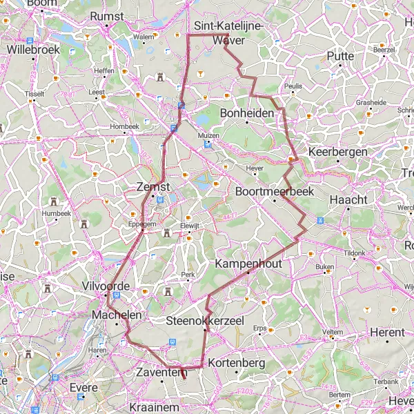 Karten-Miniaturansicht der Radinspiration "Gravelabenteuer um Sint-Katelijne-Waver" in Prov. Antwerpen, Belgium. Erstellt vom Tarmacs.app-Routenplaner für Radtouren