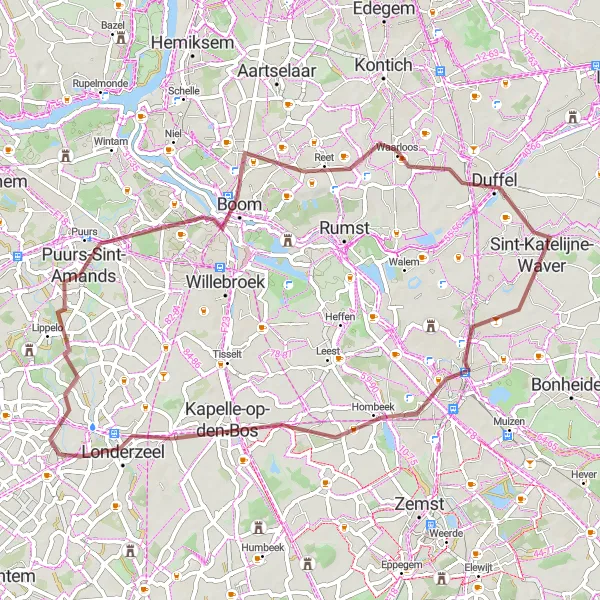 Miniatuurkaart van de fietsinspiratie "Gravelroute van Sint-Katelijne-Waver naar Mechelen en Londerzeel" in Prov. Antwerpen, Belgium. Gemaakt door de Tarmacs.app fietsrouteplanner