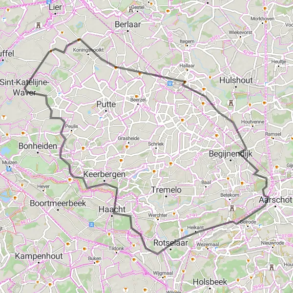 Karten-Miniaturansicht der Radinspiration "Die Hügelstraße nach Aarschot" in Prov. Antwerpen, Belgium. Erstellt vom Tarmacs.app-Routenplaner für Radtouren
