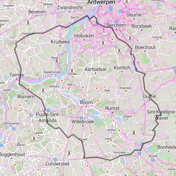 Miniature de la carte de l'inspiration cycliste "Escapade cycliste à travers Mechelen et Berchem" dans la Prov. Antwerpen, Belgium. Générée par le planificateur d'itinéraire cycliste Tarmacs.app