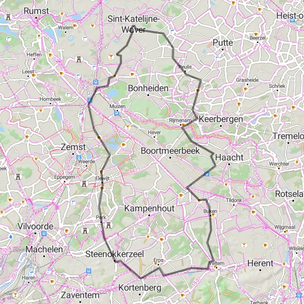 Miniatuurkaart van de fietsinspiratie "Historische plaatsen en prachtige landschappen" in Prov. Antwerpen, Belgium. Gemaakt door de Tarmacs.app fietsrouteplanner