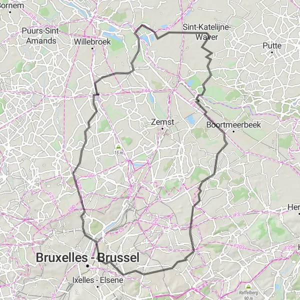 Miniatuurkaart van de fietsinspiratie "Natuur en cultuur rondom Brussel" in Prov. Antwerpen, Belgium. Gemaakt door de Tarmacs.app fietsrouteplanner