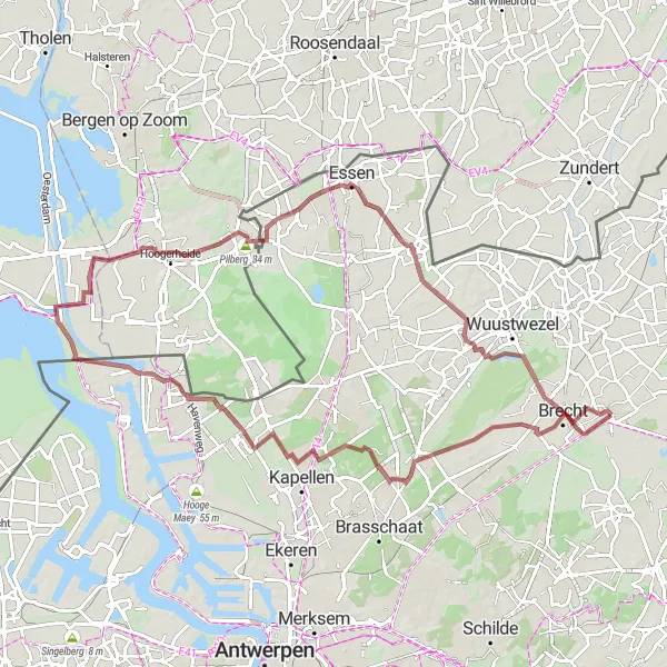Map miniature of "Gravel Cycling Adventure through Brecht and Zandvliet" cycling inspiration in Prov. Antwerpen, Belgium. Generated by Tarmacs.app cycling route planner