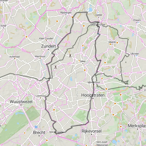 Map miniature of "Charming Road Cycling Route: Sint-Lenaarts to Minderhout" cycling inspiration in Prov. Antwerpen, Belgium. Generated by Tarmacs.app cycling route planner