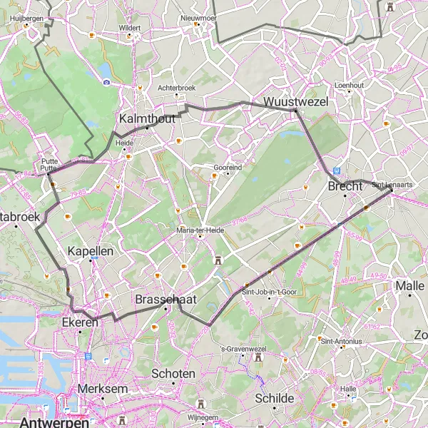 Map miniature of "Hoevenen and Putte-Stabroek Road Cycling Adventure" cycling inspiration in Prov. Antwerpen, Belgium. Generated by Tarmacs.app cycling route planner
