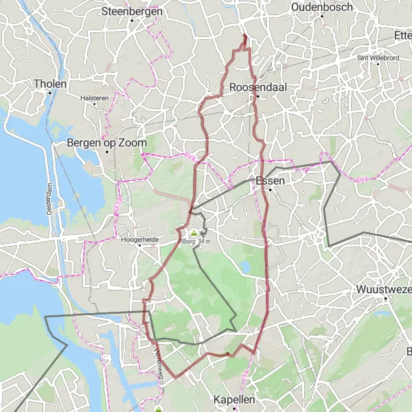 Map miniature of "Scenic Gravel Tour: Exploring Roosendaal" cycling inspiration in Prov. Antwerpen, Belgium. Generated by Tarmacs.app cycling route planner