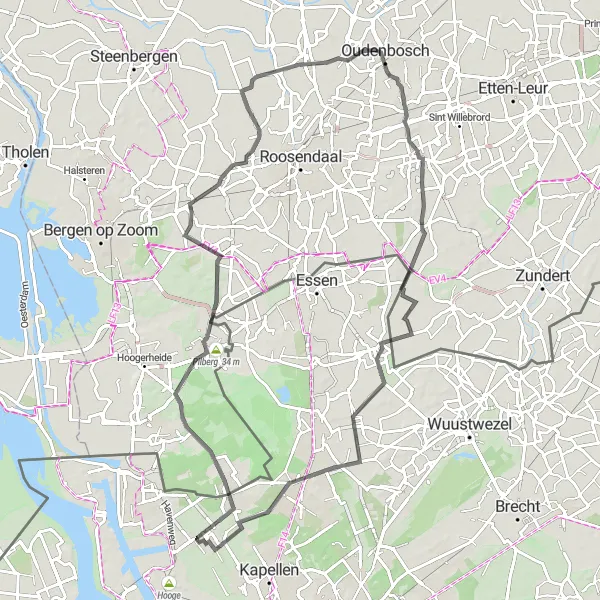 Miniature de la carte de l'inspiration cycliste "Boucle à travers les Pays-Bas en Flandre" dans la Prov. Antwerpen, Belgium. Générée par le planificateur d'itinéraire cycliste Tarmacs.app