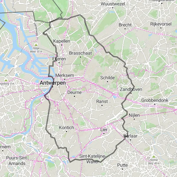 Karten-Miniaturansicht der Radinspiration "Antwerpen-Schelde Roundtrip" in Prov. Antwerpen, Belgium. Erstellt vom Tarmacs.app-Routenplaner für Radtouren