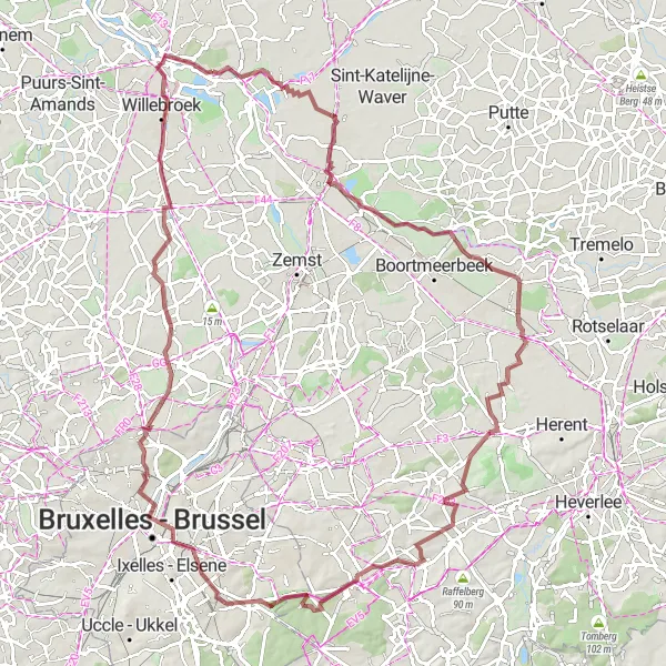 Miniatuurkaart van de fietsinspiratie "Gravelroute van Terhagen naar Atomium en terug" in Prov. Antwerpen, Belgium. Gemaakt door de Tarmacs.app fietsrouteplanner