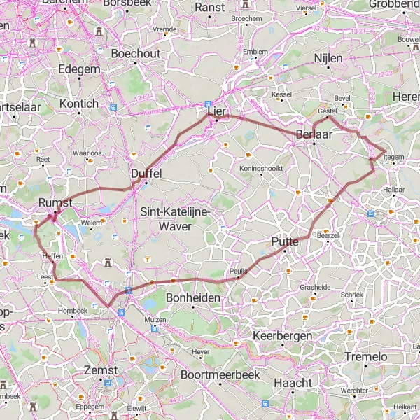 Karten-Miniaturansicht der Radinspiration "Schleifen durch die belgische Landschaft" in Prov. Antwerpen, Belgium. Erstellt vom Tarmacs.app-Routenplaner für Radtouren